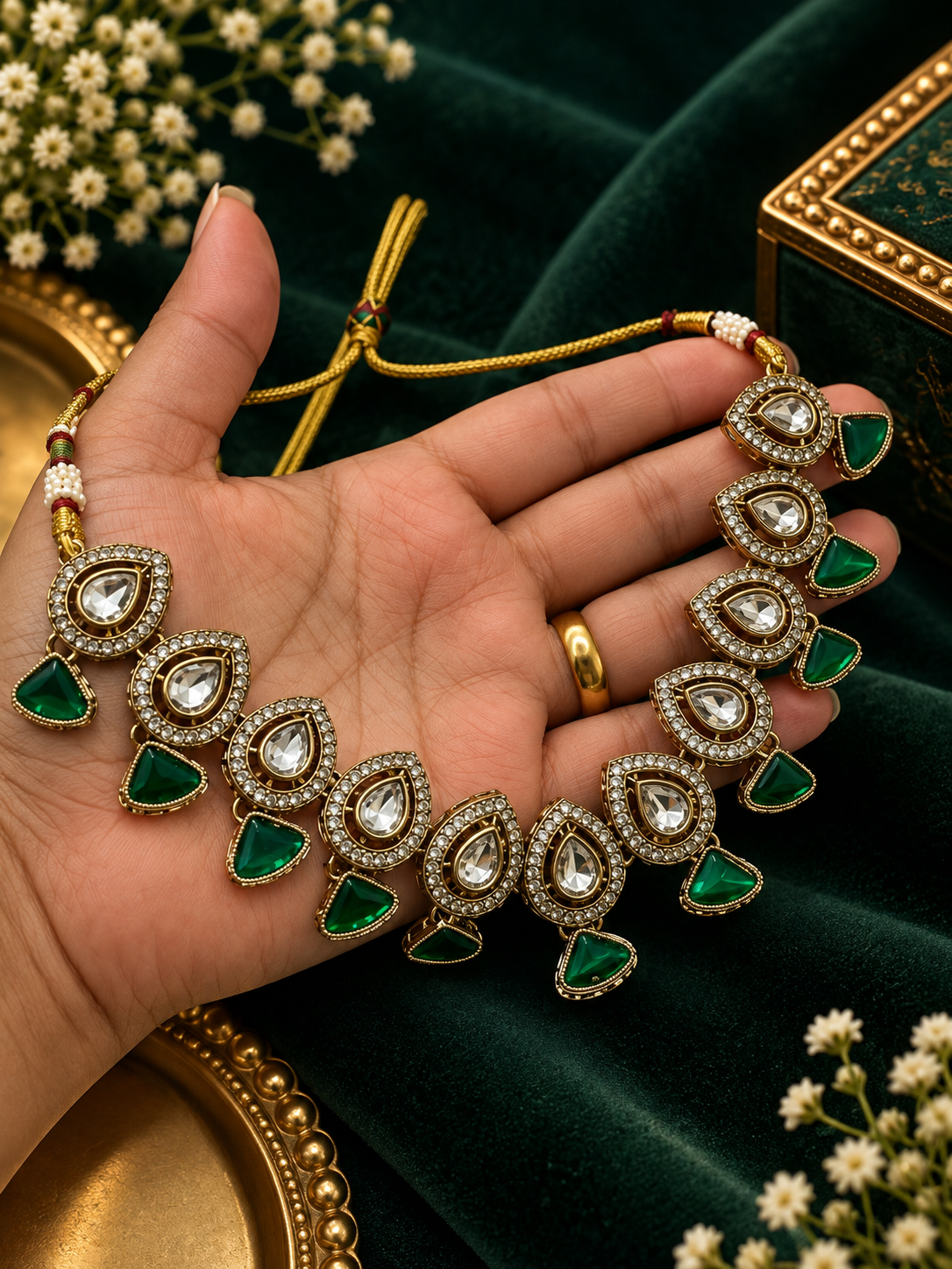 Emerald Green Kundan Teardrop Necklace Set with Earrings & Tikka