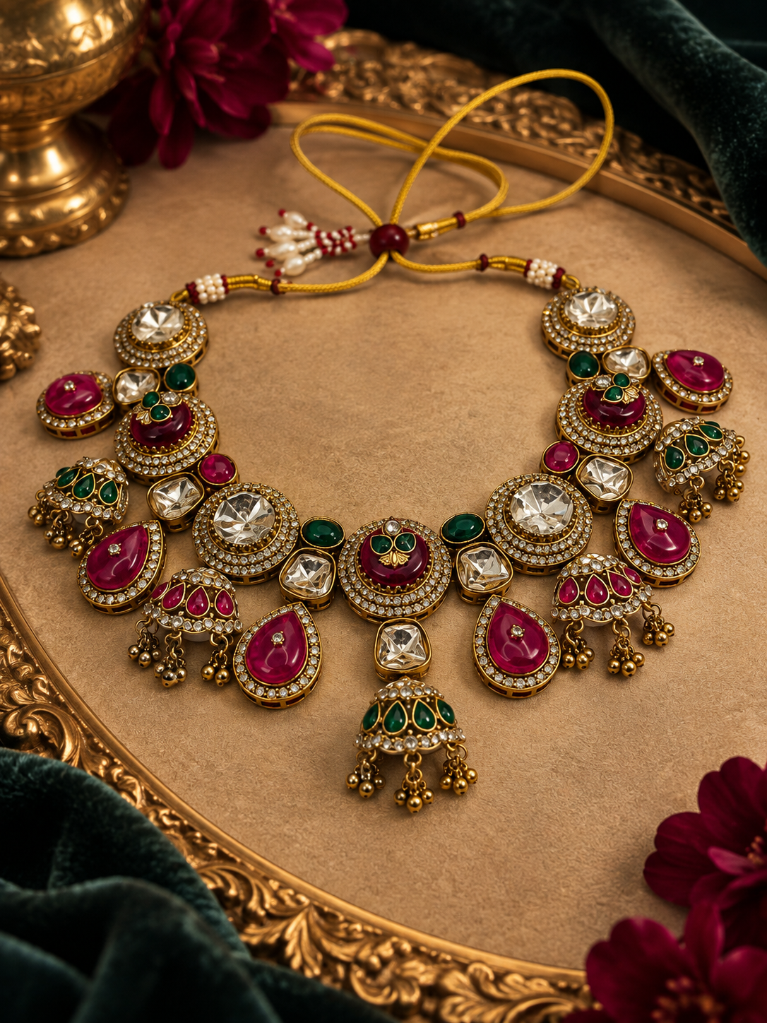 Ruby Green Kundan Statement Necklace & Earrings Set