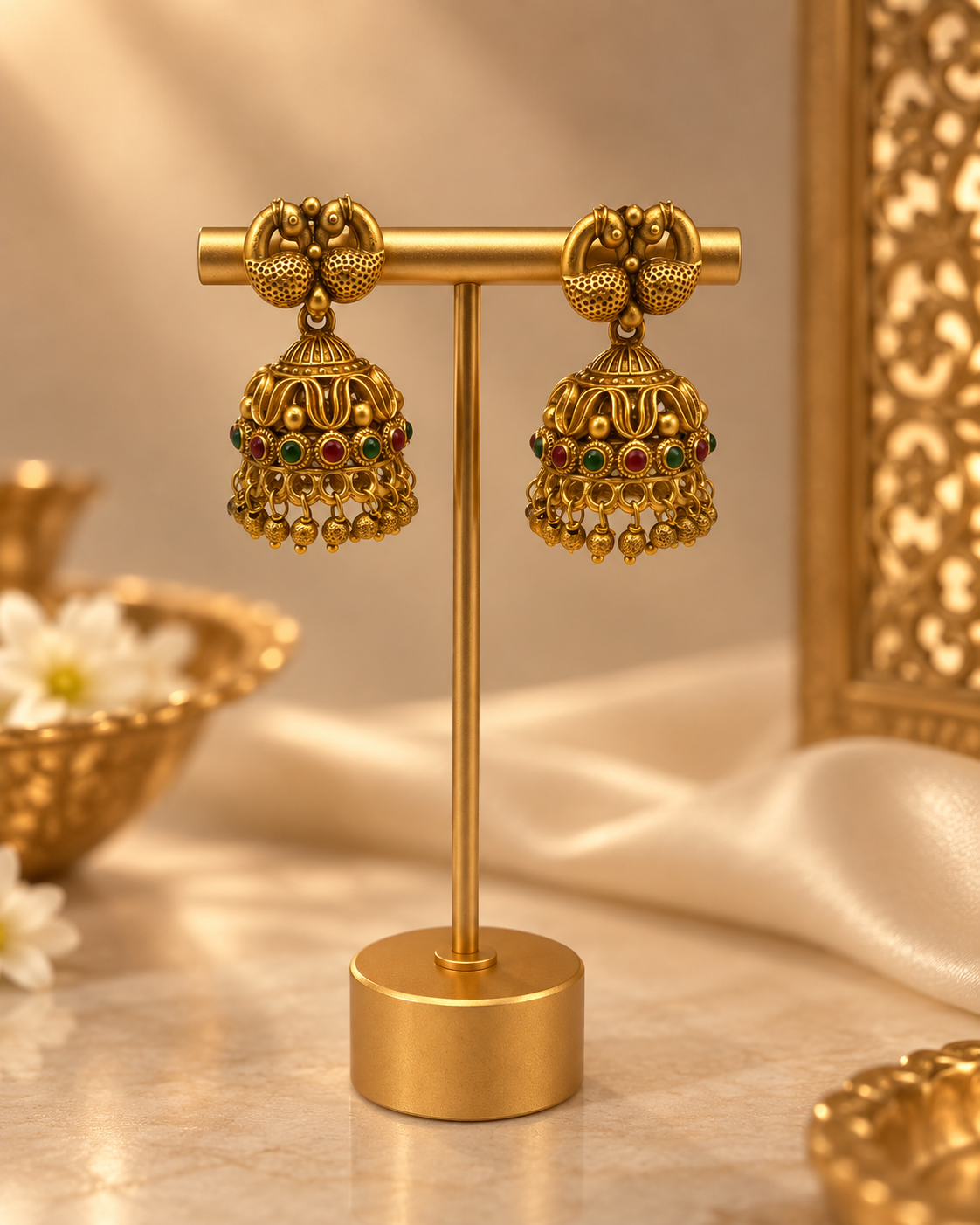 Antique Gold Temple Jhumka Earrings – Red & Green Stones