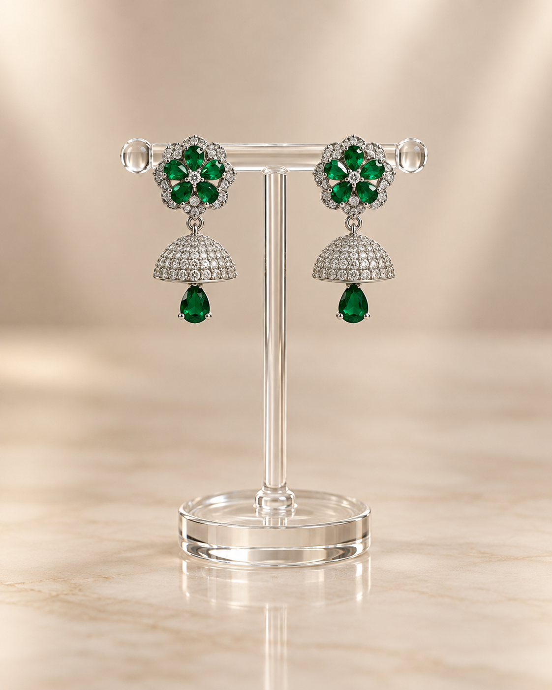 Emerald Green Floral CZ Jhumka Earrings