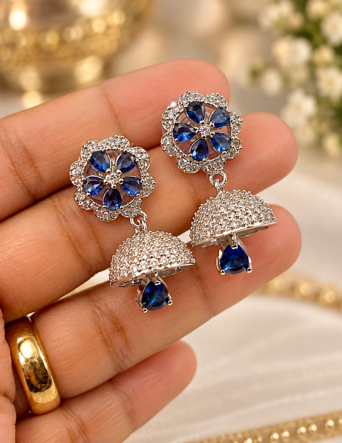 Royal Blue Floral Jhumka Earrings – Silver Tone