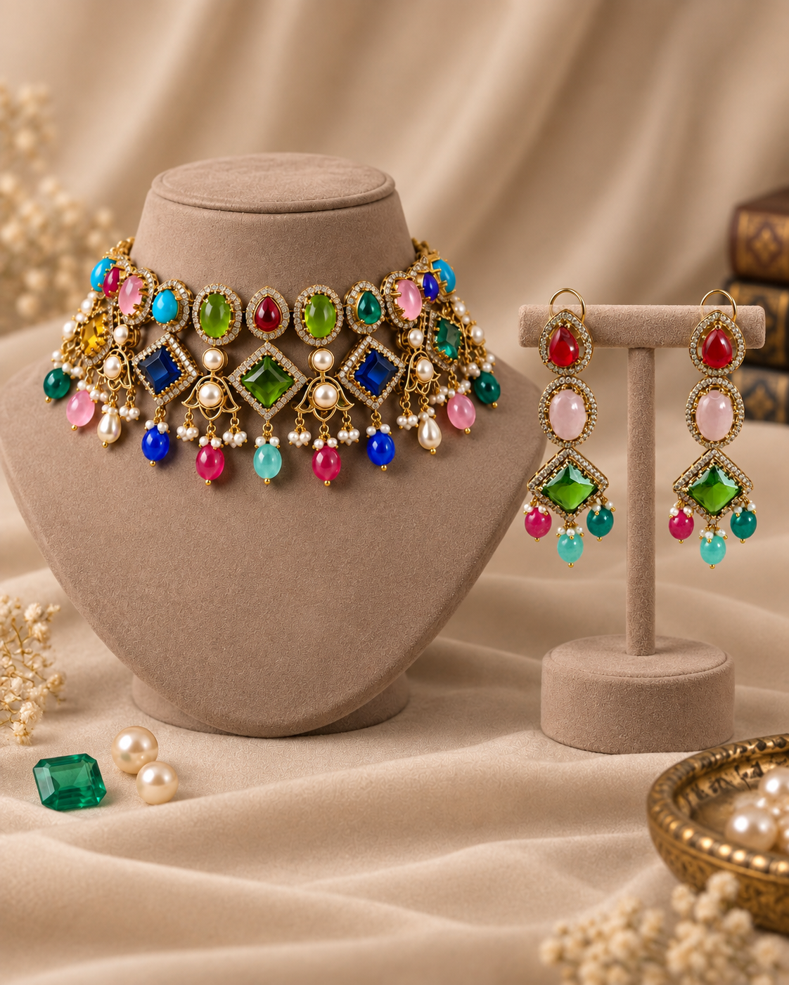 Multicolour Polki-Style Choker Necklace & Earrings Set