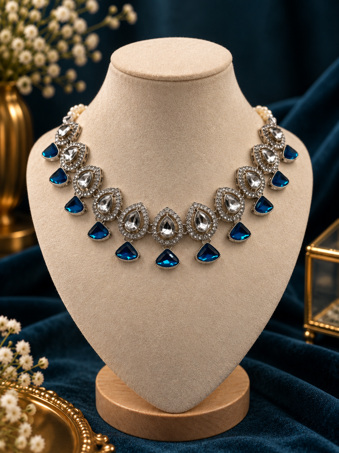 Royal Blue Kundan Necklace Set with Earrings & Tikka