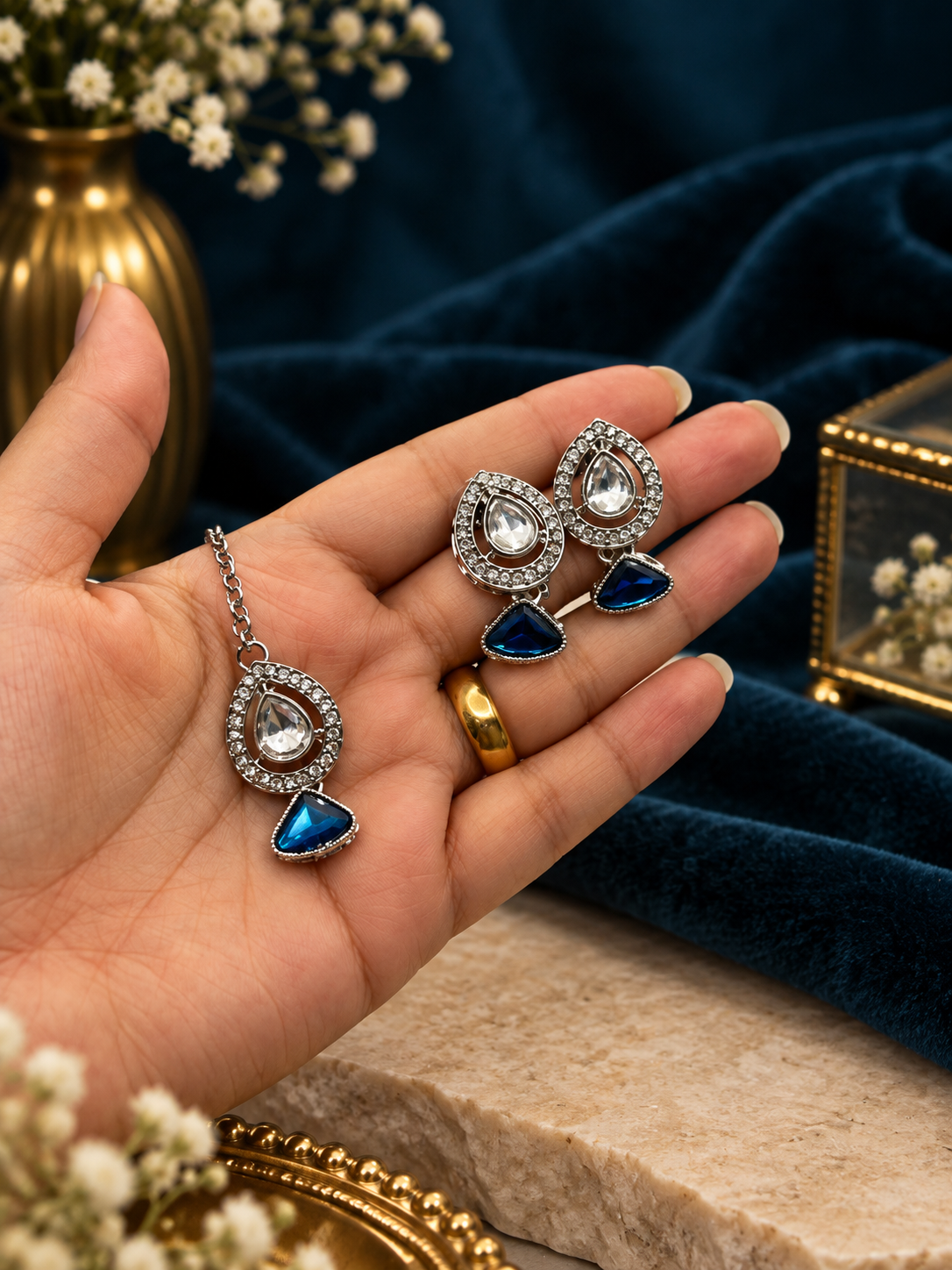 Royal Blue Kundan Necklace Set with Earrings & Tikka