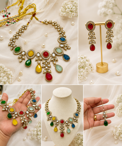 Multicolour Kundan Statement Necklace Set with Matching Earrings & Maang Tikka