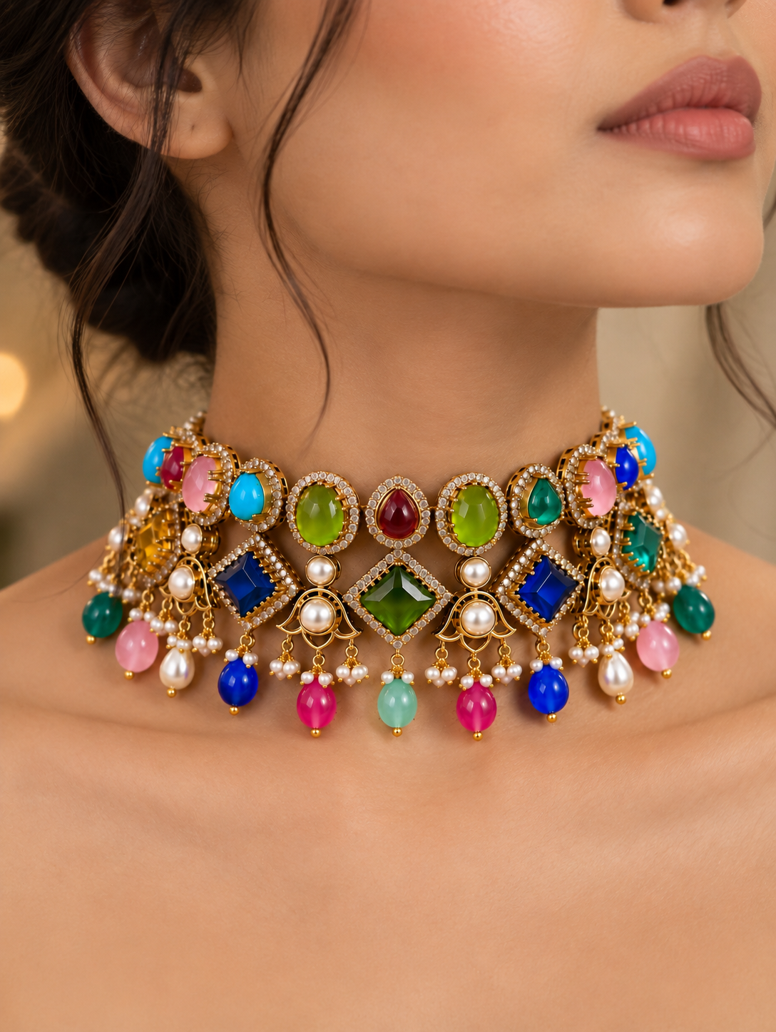 Multicolour Polki-Style Choker Necklace & Earrings Set