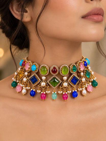 Multicolour Polki-Style Choker Necklace & Earrings Set