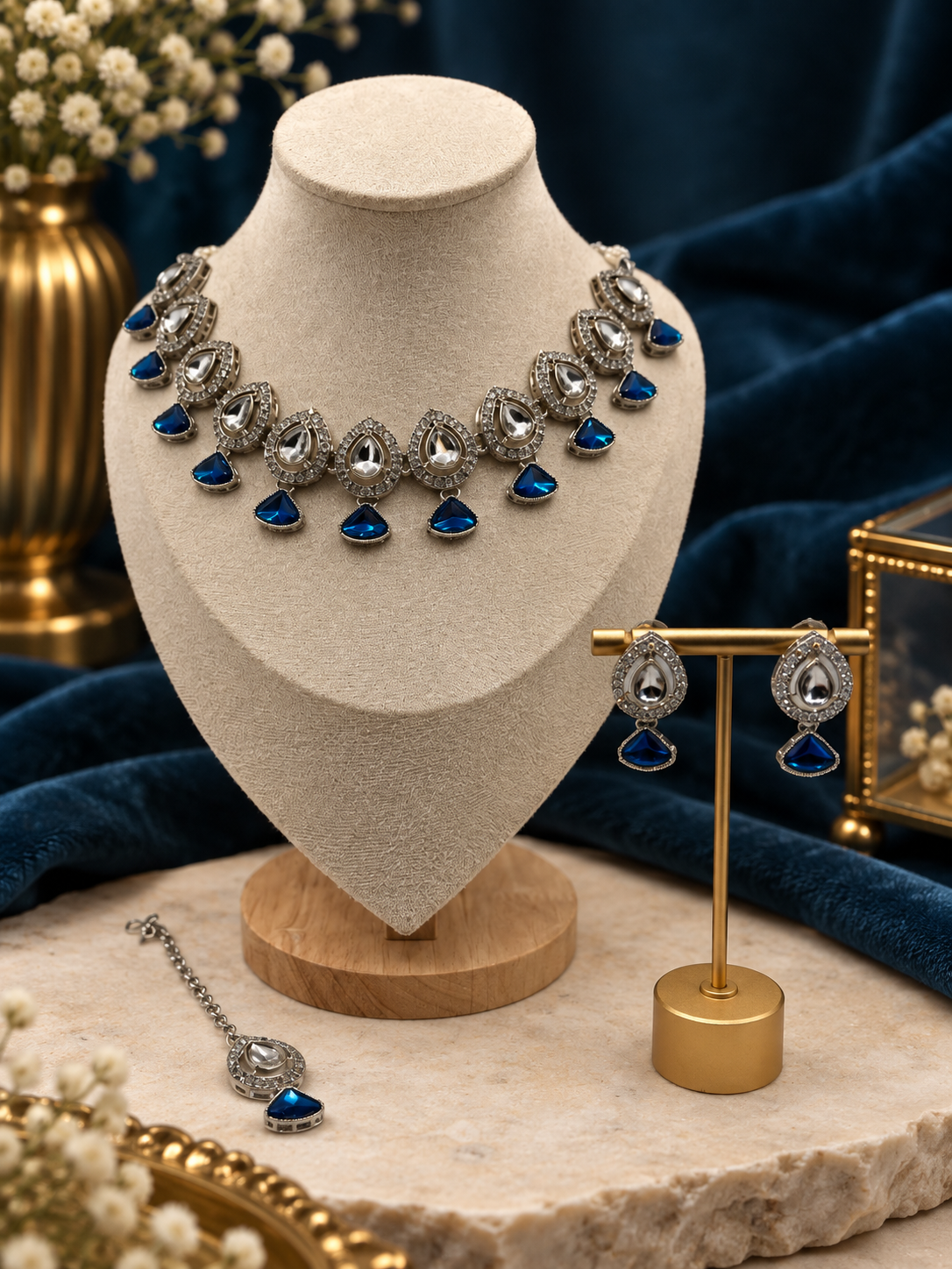 Royal Blue Kundan Necklace Set with Earrings & Tikka
