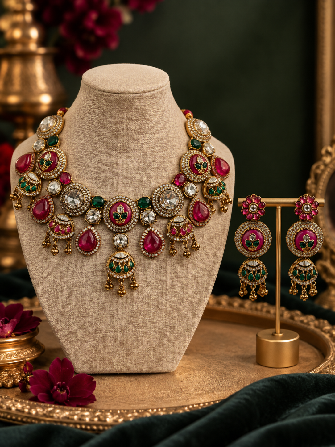 Ruby Green Kundan Statement Necklace & Earrings Set