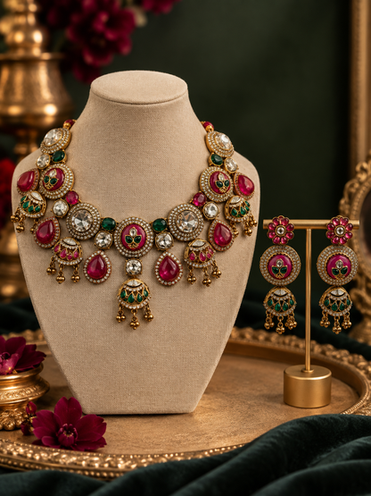 Ruby Green Kundan Statement Necklace & Earrings Set
