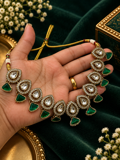Emerald Green Kundan Teardrop Necklace Set with Earrings & Tikka