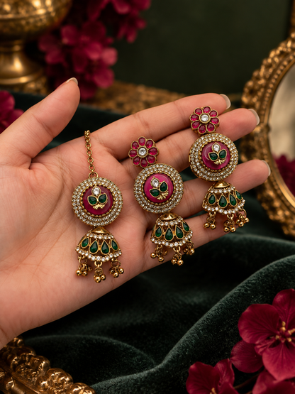Ruby Green Kundan Statement Necklace & Earrings Set