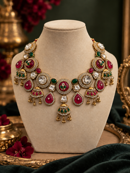 Ruby Green Kundan Statement Necklace & Earrings Set