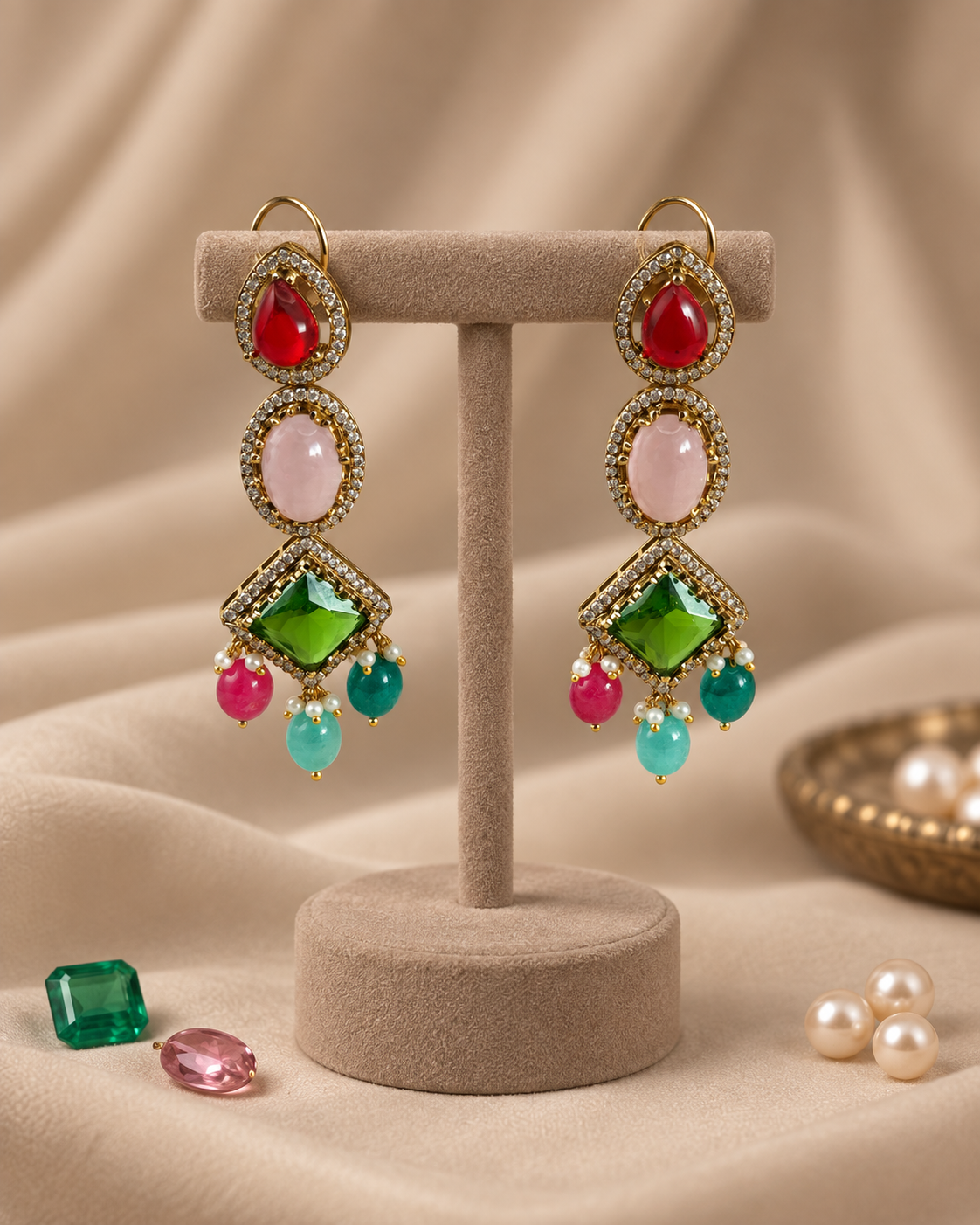 Multicolour Polki-Style Choker Necklace & Earrings Set