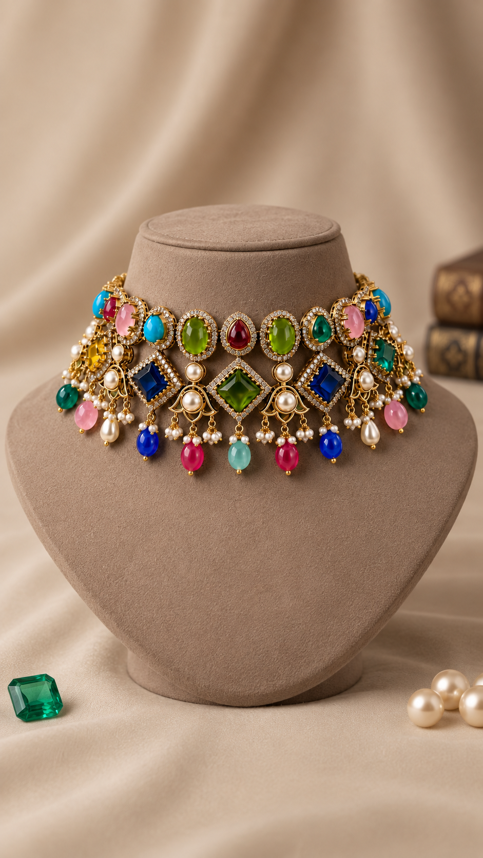 Multicolour Polki-Style Choker Necklace & Earrings Set