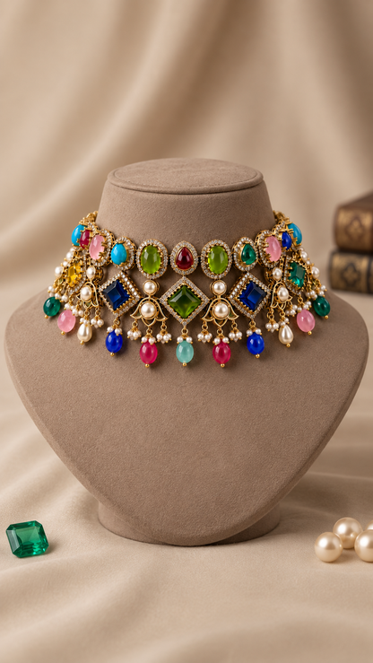 Multicolour Polki-Style Choker Necklace & Earrings Set
