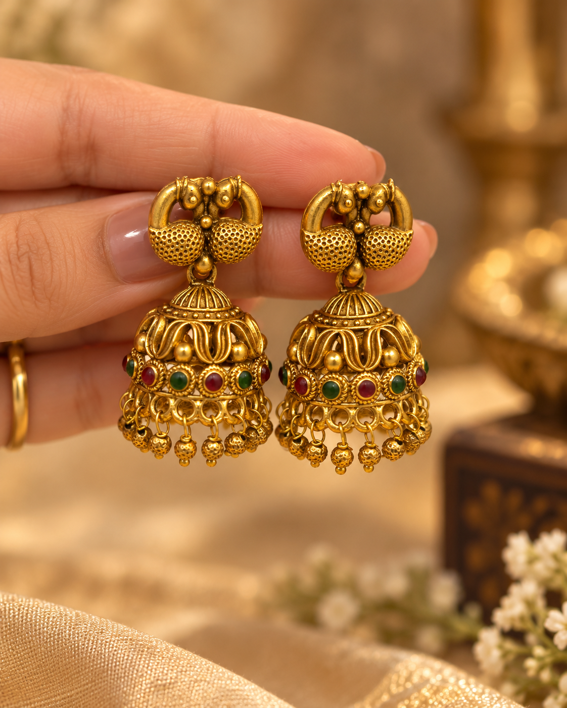 Antique Gold Temple Jhumka Earrings – Red & Green Stones