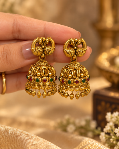 Antique Gold Temple Jhumka Earrings – Red & Green Stones