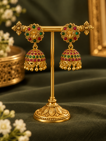 Gold Temple Jhumka Earrings – Red & Green Stones