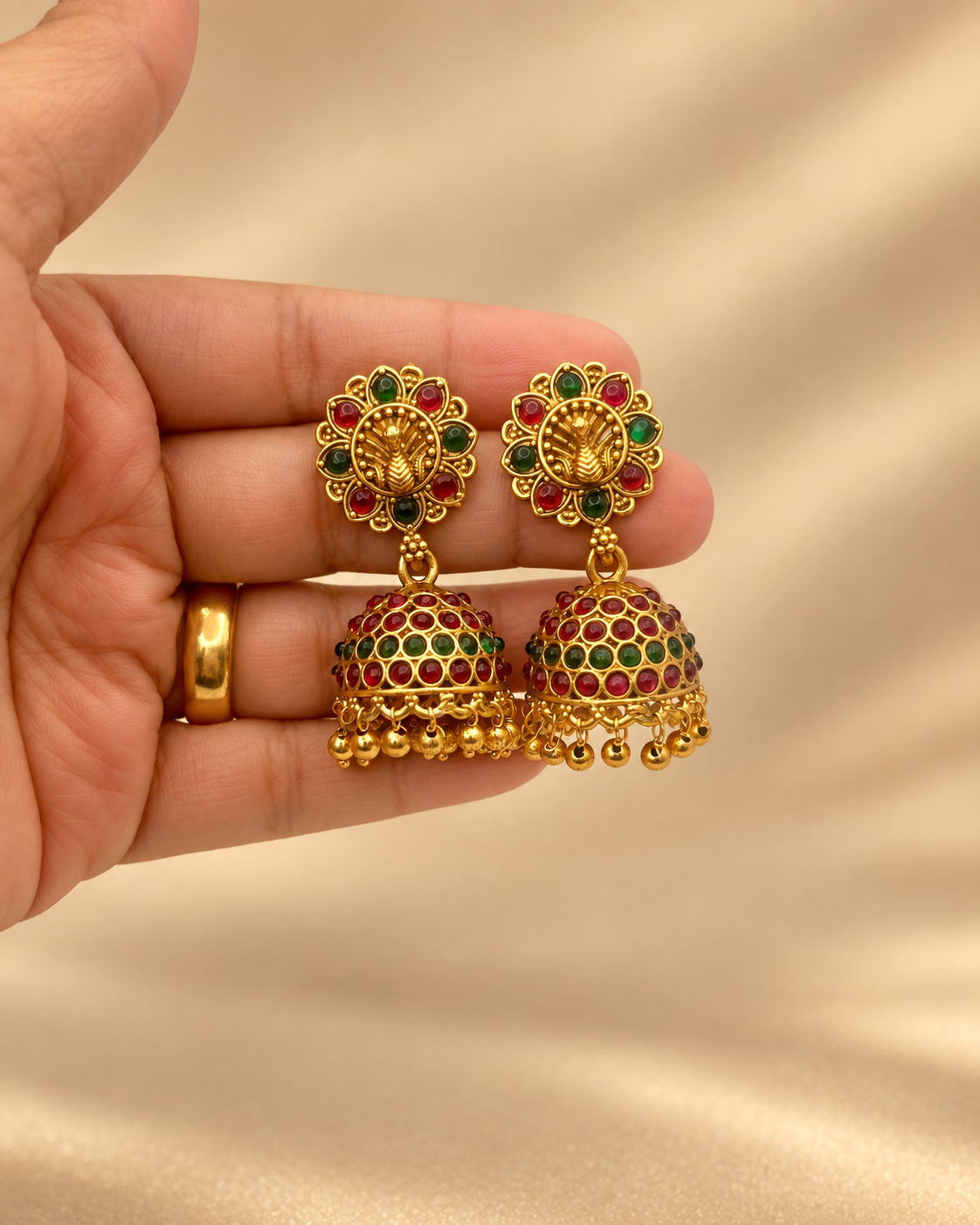 Gold Temple Jhumka Earrings – Red & Green Stones