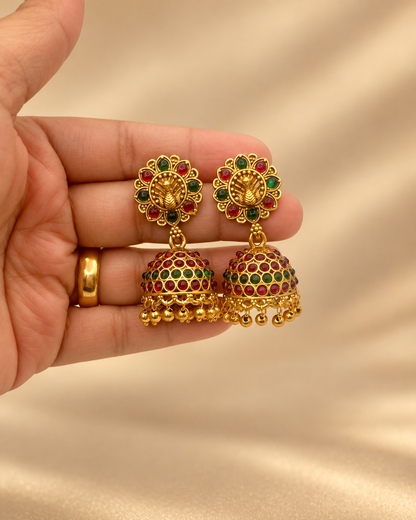 Gold Temple Jhumka Earrings – Red & Green Stones