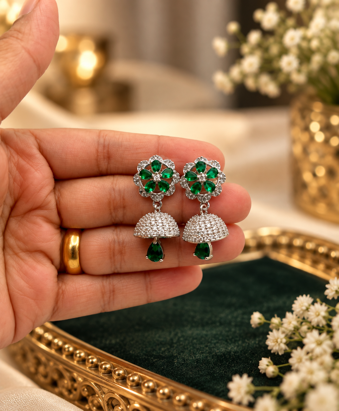 Emerald Green Floral CZ Jhumka Earrings