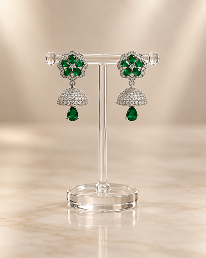 Emerald Green Floral CZ Jhumka Earrings
