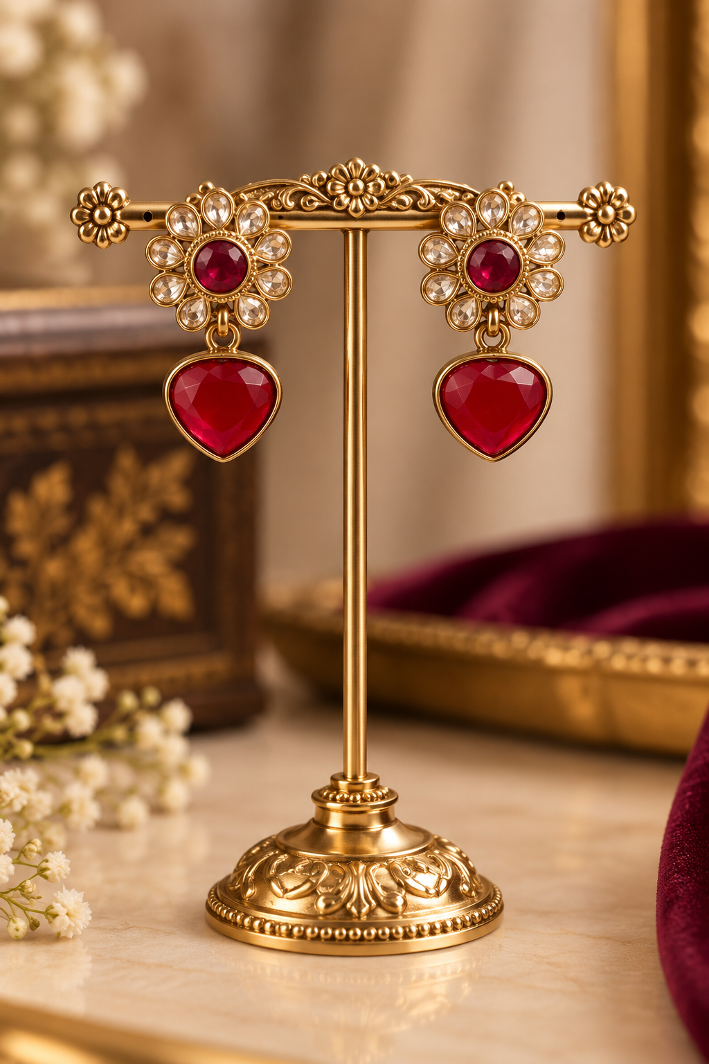 Ruby Red Kundan Heart Drop Earrings