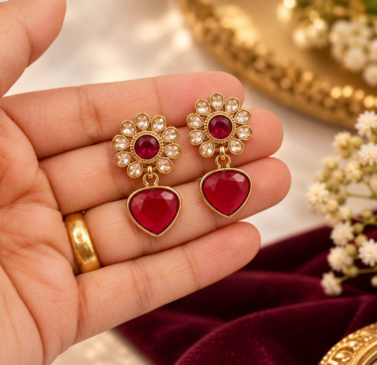 Ruby Red Kundan Heart Drop Earrings