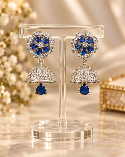 Royal Blue Floral Jhumka Earrings – Silver Tone