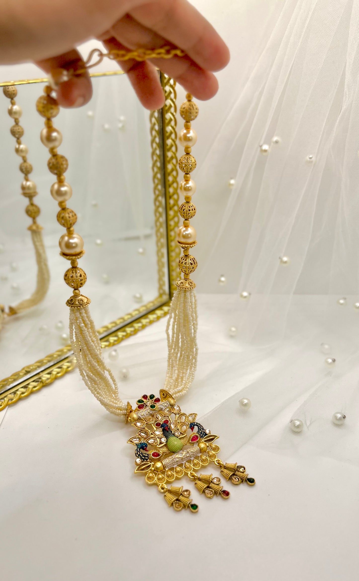 Peacock Pearl Mala Set with Handcrafted Peacock Pendant