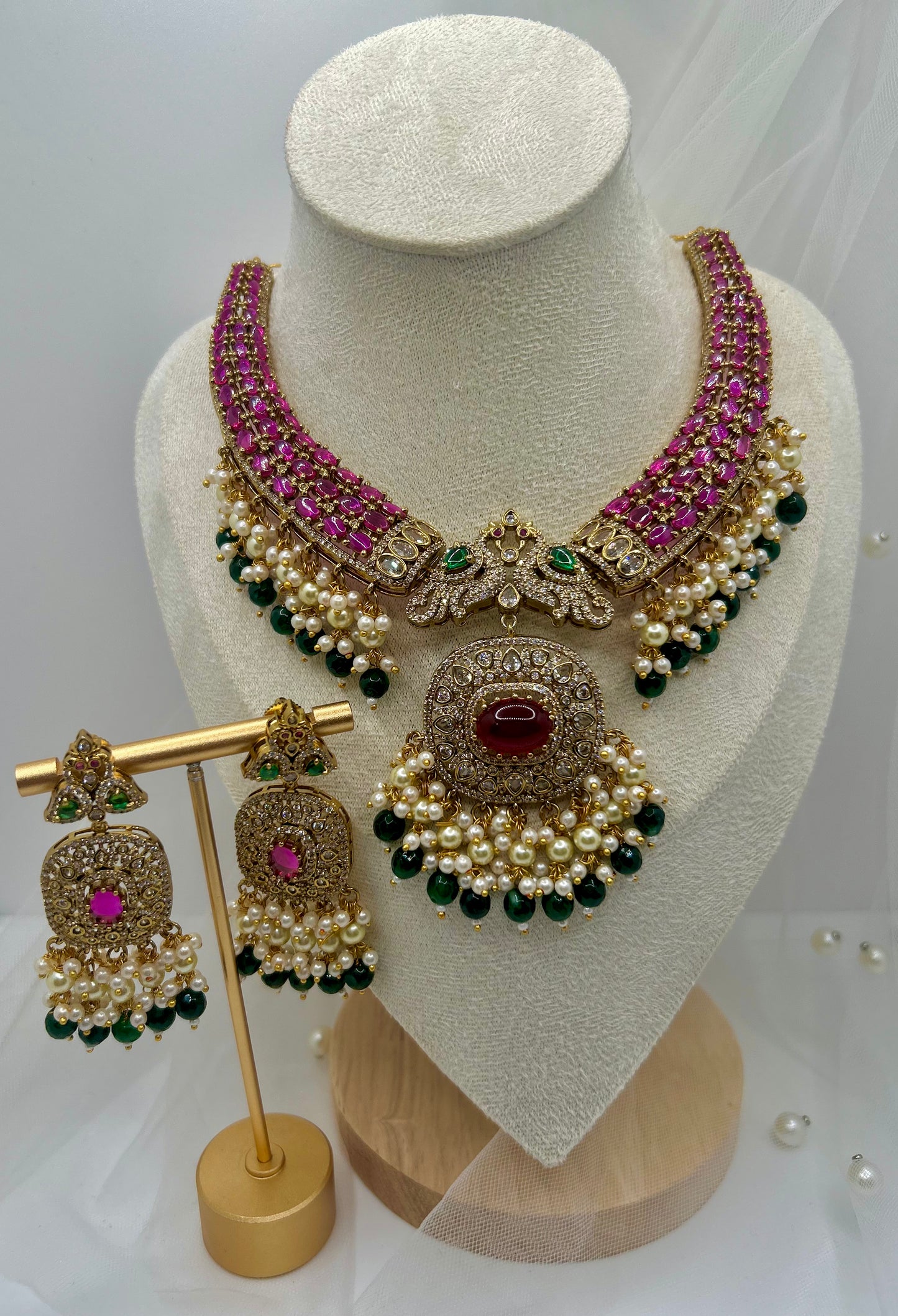 Royal Ruby Peacock Choker Set with Pearl & Emerald Accents